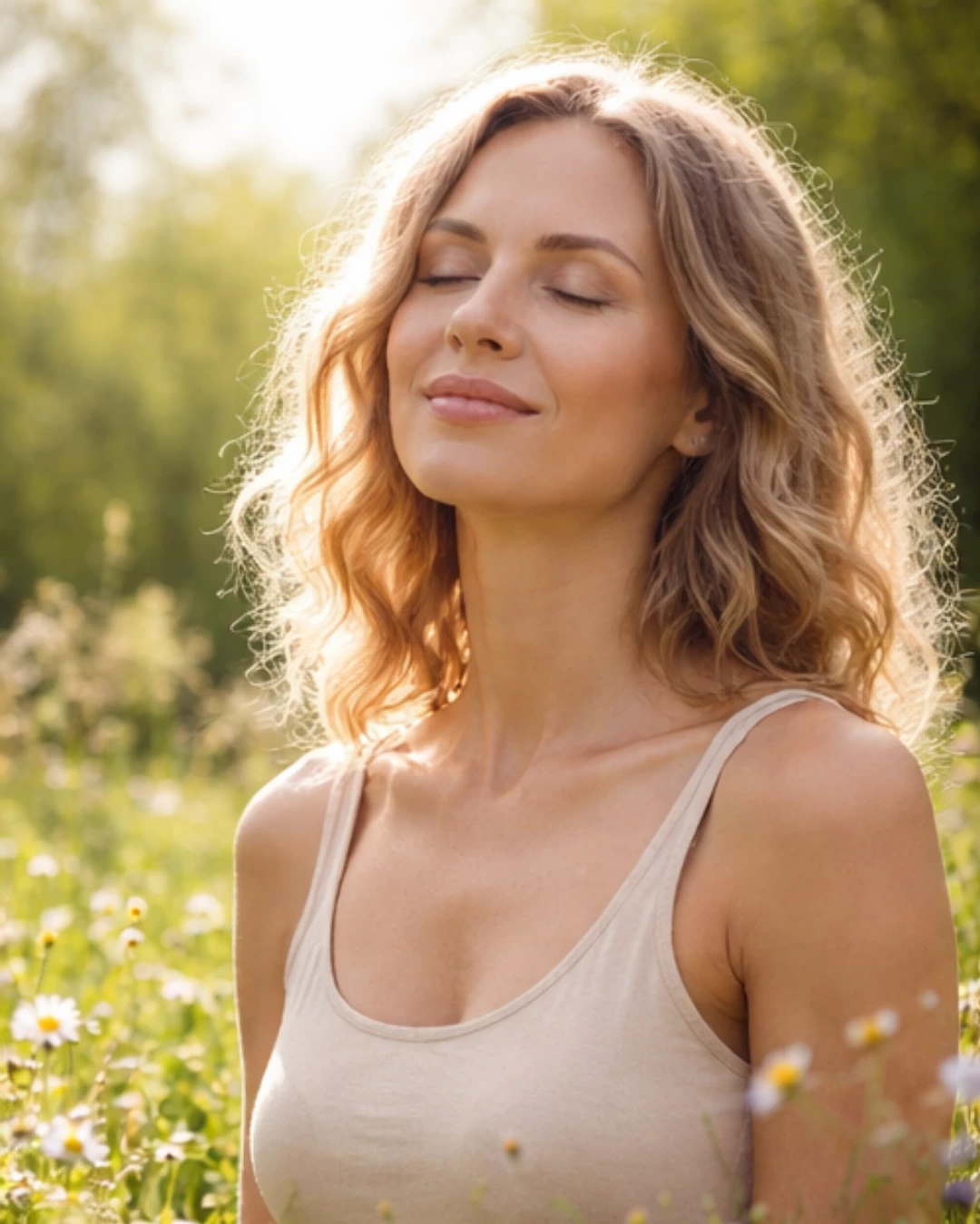 Ženska z zaprtimi očmi mirno sedi na travniku, obdana z zelenjem in cvetlicami, v topli naravni svetlobi.