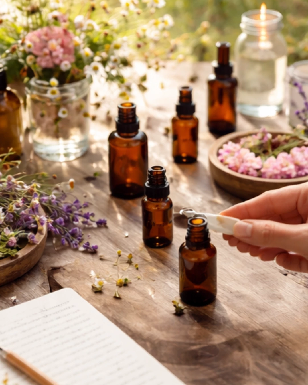 Rjave stekleničke s kapalko na leseni mizi, obdane s cvetlicami, z roko, ki dodaja kapljice v stekleničko.