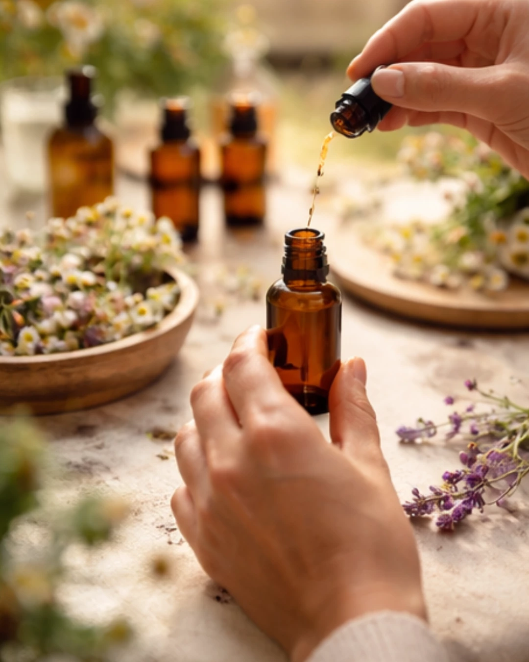 Ročna priprava Bachovih cvetnih kapljic v mirnem, naravnem okolju