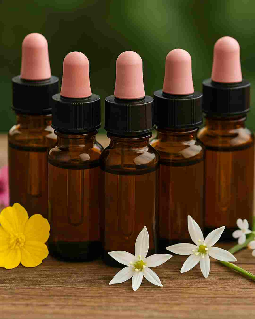 Stekleničke z Bachovimi cvetnimi esencami postavljene med svežimi cvetovi na svetli leseni podlagi v naravni svetlobi – simbol naravne podpore za čustveno ravnovesje in notranji mir.