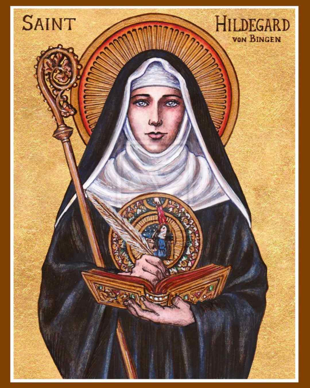 Sveta Hildegarda iz Bingna na zgodovinski gravuri, prikazana kot opatinja in učenjakinja z odprto knjigo