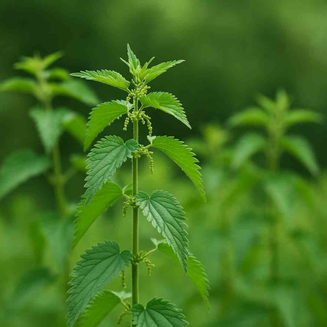 Cvetoča kopriva na naravnem travniku, z značilnimi nazobčanimi listi in pokončnimi stebli.