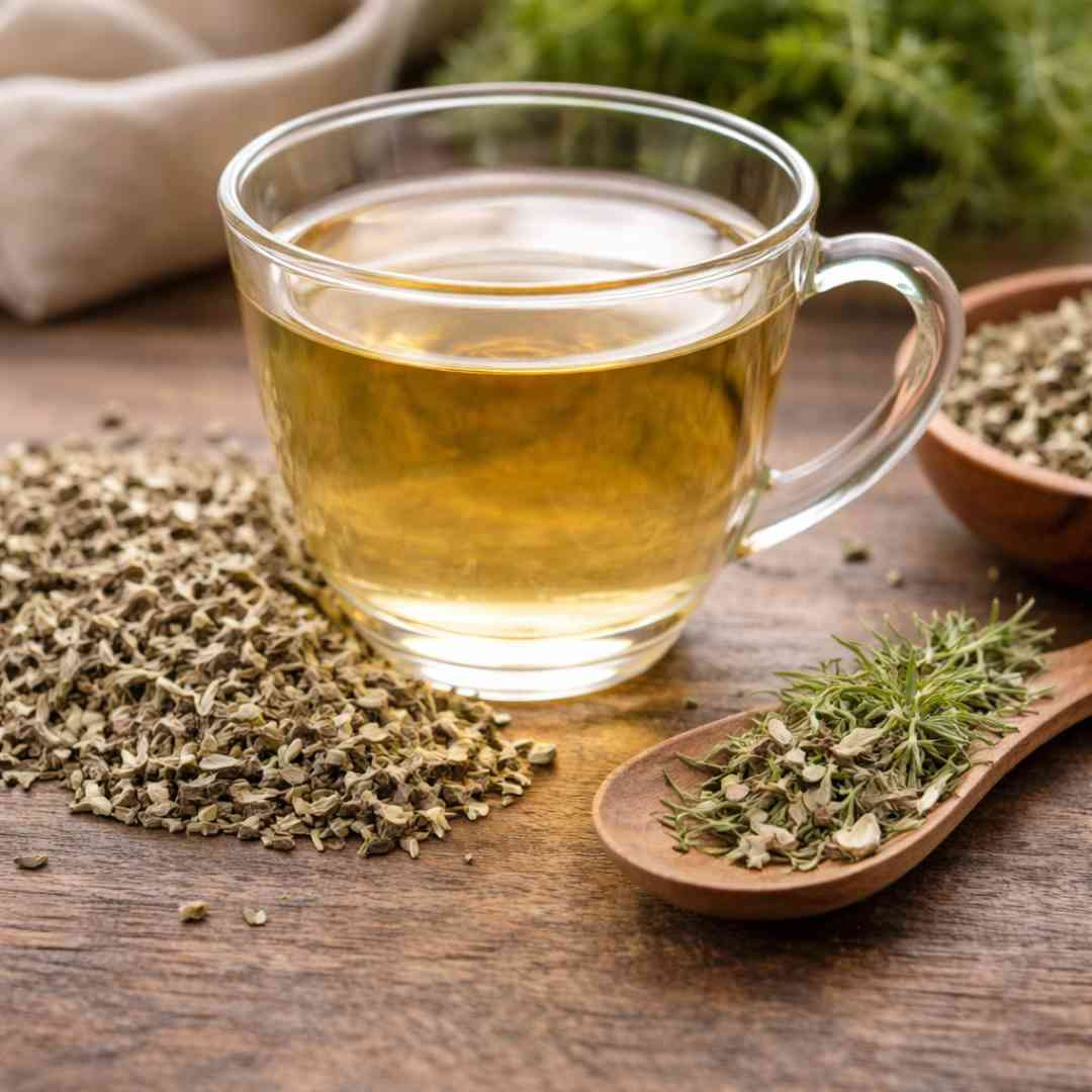 Skodelica svetlo zlate barve pelinovega čaja na leseni mizi, obdana s posušenimi listi pelina in lesenim žličnikom z zelišči, pripravljena za tradicionalno zeliščno uporabo.
