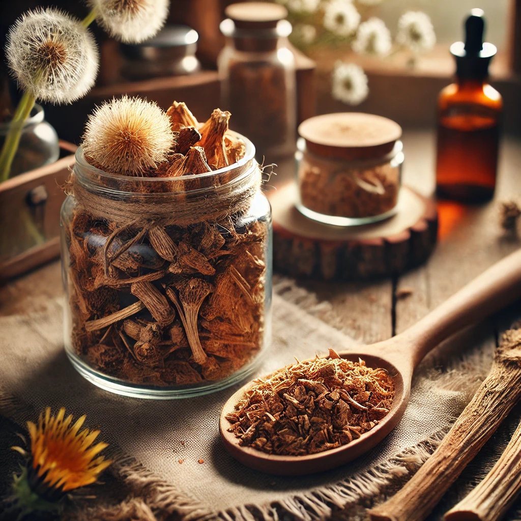 Estetska predstavitev sušene regratove korenine (Taraxacum officinale) v steklenem kozarcu, ob njej pa lesena žlica, napolnjena z zdrobljenimi koščki korenine, v rustikalnem ambientu.
