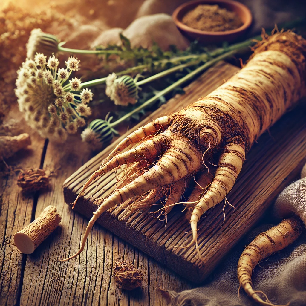 Rustikalna in umetniška predstavitev sveže izkopane regratove korenine (Taraxacum officinale), položene na leseno desko, obdana z naravnimi elementi.