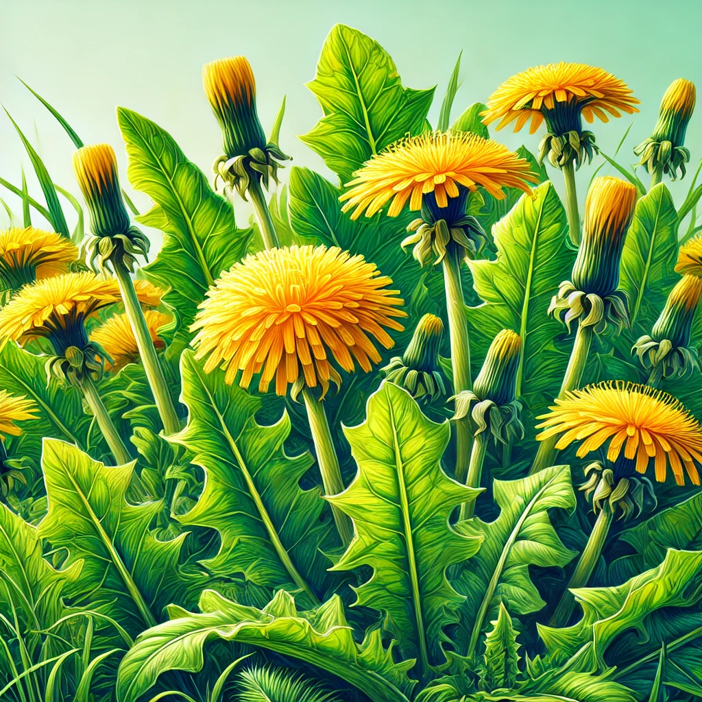 Ilustracija svežega regrata (Taraxacum officinale) s svetlo rumenimi cvetovi in globoko zelenimi listi, ki raste v bujnem travniku.