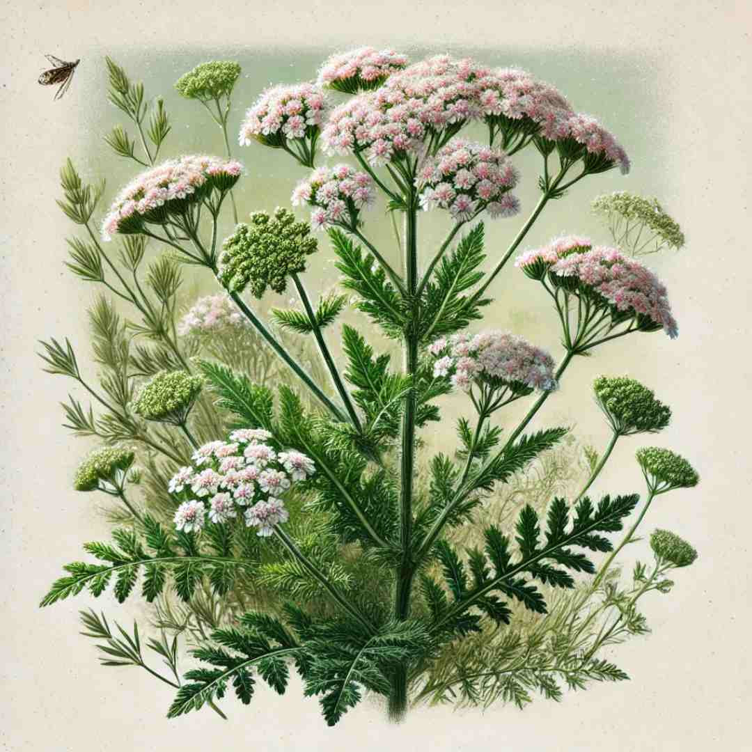 Realistična ilustracija rmana (Achillea millefolium) s svetlimi belimi in rožnatimi cvetovi ter značilnimi peresastimi listi, rastočega v naravni travniški pokrajini.