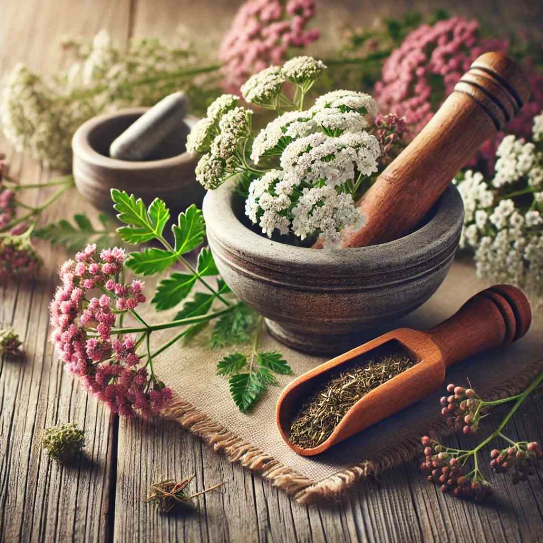 Sveži in posušeni cvetovi rmana (Achillea millefolium) skrbno razporejeni na rustikalni leseni podlagi, ob njih majhen možnar, ki simbolizira uporabo rastline v zeliščni medicini.